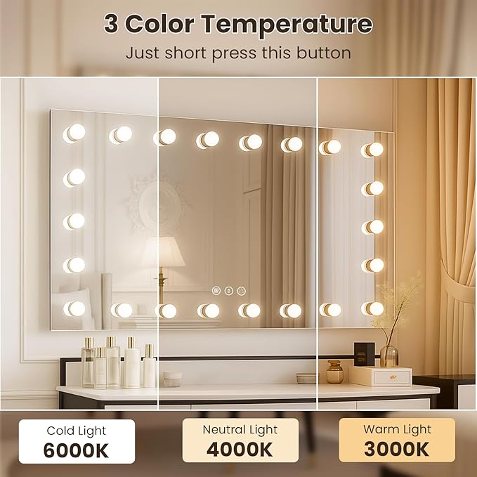 WTTY LED Bathroom Mirror with Lights 55"x36" Hollywood Wall-Mounted Mirror with 3 Color Temperatures, Stepless Dimmable Bulbs, Anti-Fog & Shatter-Proof