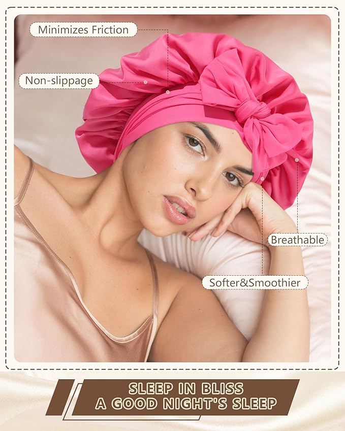 AWAYTR Women Satin Bonnet for Sleeping - Double Layer Silk Hair Bonnet with Elastic Tie Band for Braids Curly Hair
