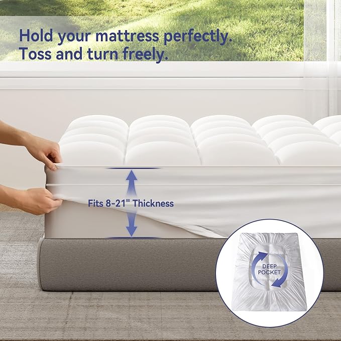 ELEMUSE RV Short Queen Mattress Topper for Back Pain, Extra Thick Mattress Pad Cover, Plush Soft Pillowtop with Elastic Deep Pocket, Overfilled Down Alternative Filling