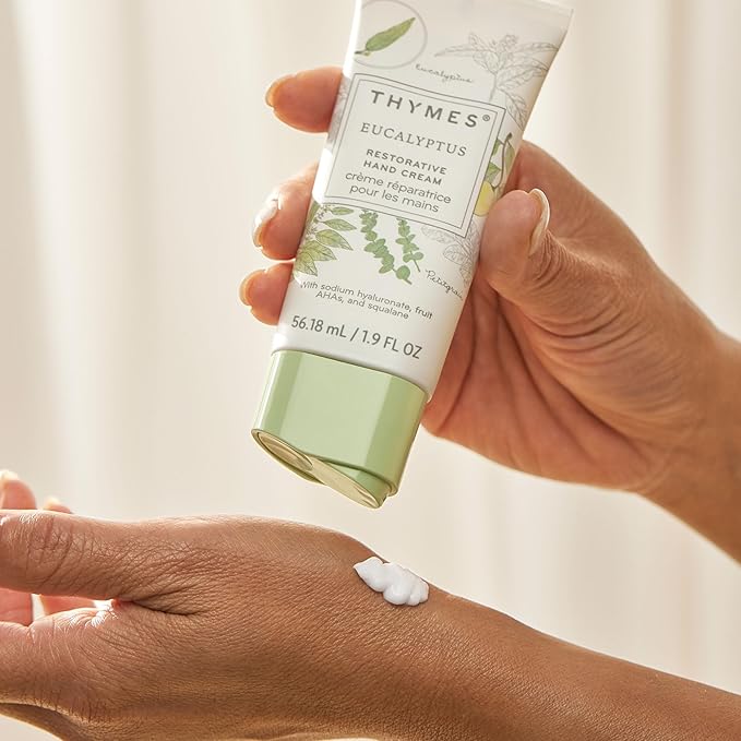 Thymes Restorative Hand Cream for Women & Men - Moisturizing Hand Cream Travel Size - Notes of Eucalyptus Oil, Lemon, Petitgrain, Bergamot, Lemongrass, & Lush Fir - Skin Care (Eucalyptus, 1.9 fl oz)
