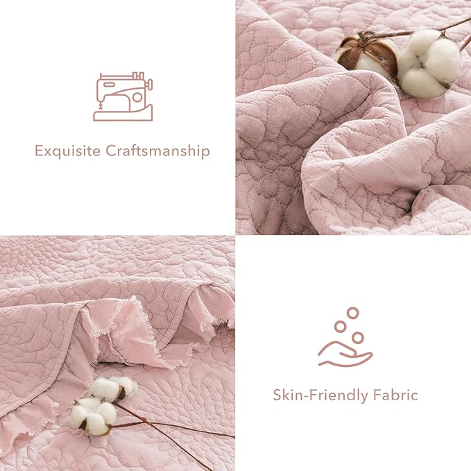 QSH 3PCs Blush Oversized King Quilt Bedspread Set(120"x120"),Stonewashed Cotton Ruffle Quilt California King,Ultra Soft Lightweight Crinkled Shabby Bedspread Coverlet Bedding Set for All Seasons