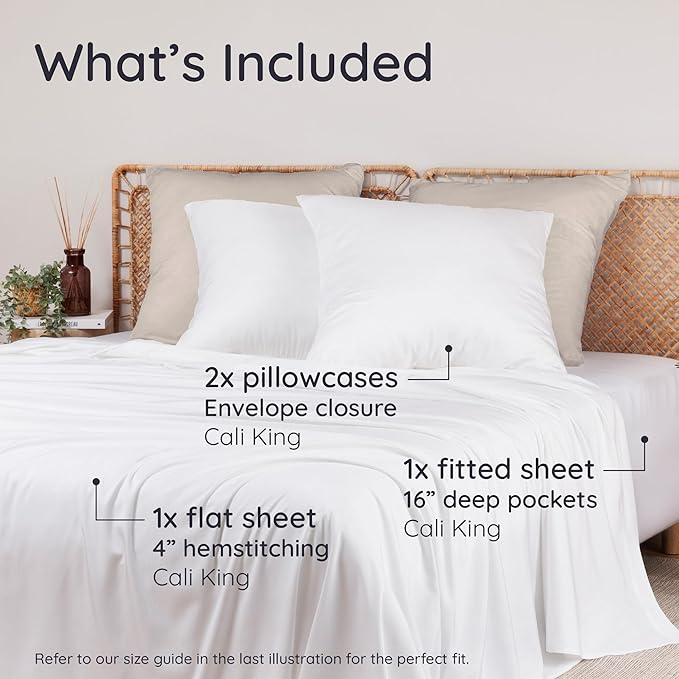 Bambaw 100% Viscose Derived from Bamboo Sheets California King Size – 4pcs Deep Pocket Cooling Sheets, Fits Up to 16'', Buttery Soft Bed Sheets, Luxury Bed Sheets California King Set (White)