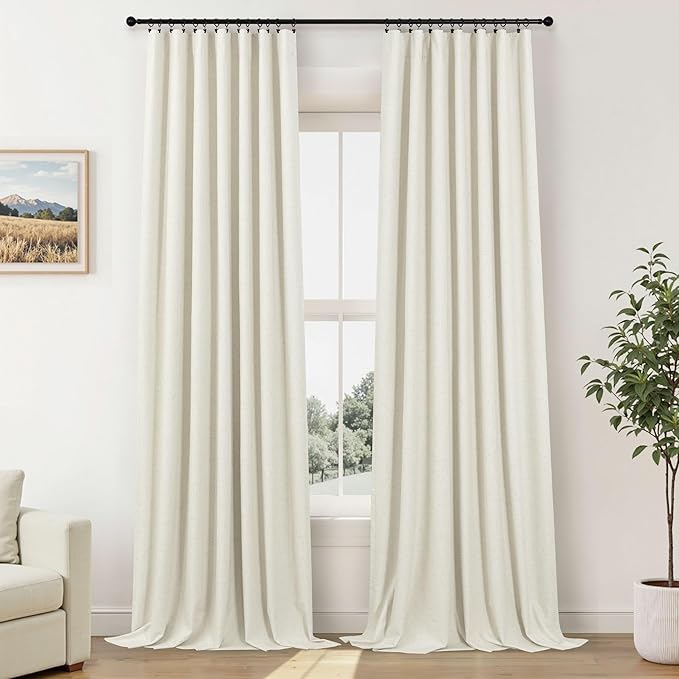 Pitalk Cold Weather Thermal Curtains Farm House Boho Black Out Room Darkening Insulated Linen Blackout Winter Curtain 102 Inch Long for Living Room Bedroom 2 Panels Set Off White Cream 42 x 102 Length