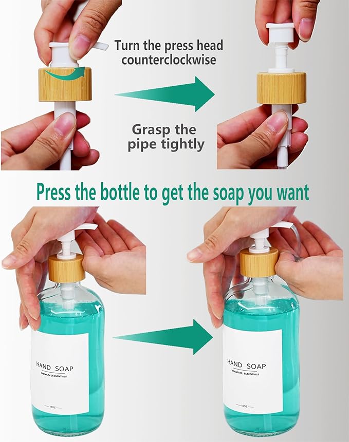 Luxury Glass Soap Dispenser Set - 2 Refillable 16.9oz Bottles, Bamboo Pump & Tray for Farmhouse & Modern Decor, 9 Waterproof Labels for Kitchen/Bathroom (Clear Bottle+White Bamboo Pumps+Tray)