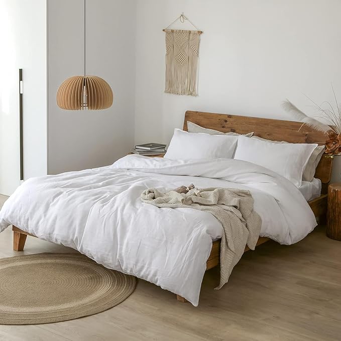 XZ XIFA White Linen Duvet Cover California King, 100% Washed French Flax Linen Bedding Set with Zipper Closure, Cooling & Textured Bed Sets for Hot Sleepers(1 Duvet Cover, 2 Pillowcases)