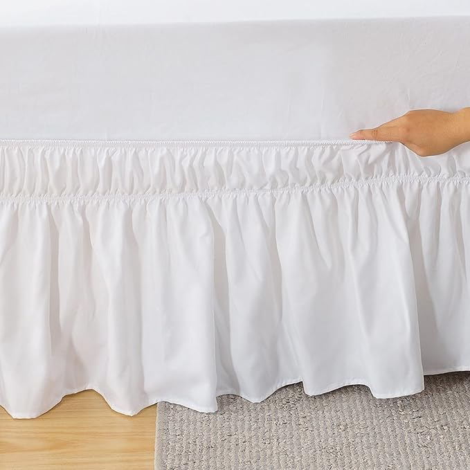 MEILA Wrap Around Bed Skirt Three Fabric Sides Elastic Dust Ruffled 16 Inch Tailored Drop,Easy to Install Fade Resistant-White, Twin/Full