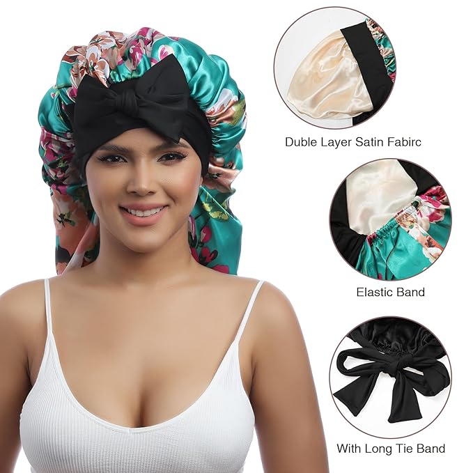 AWAYTR Long Satin Bonnet for Women - Double Layer Elastic Silk Bonnet for Braids Hair Sleeping Cap with Tie Band (Flower A)