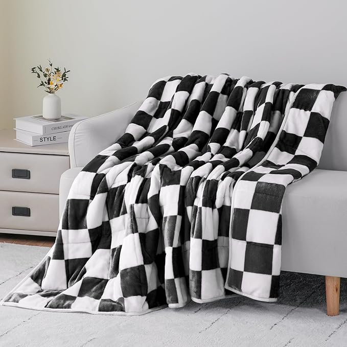 Uttermara Weighted Blanket Full Size(12lbs, 48" x 72", Plaid Black), Double Side Premium Soft Flannel Fleece Weighted Throw Blanket, Reversible Checkerboard Print Heavy Blanket for Adults Couch Bed