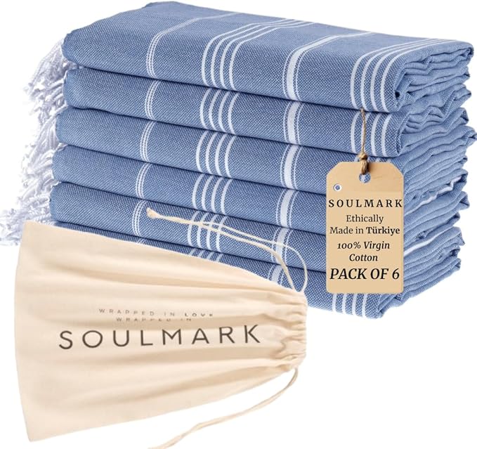 SOULMARK 100% Cotton Turkish Beach Towel with Bag - 38"x71" - 6 Pack - Made in Green & Oeko TEX Certified - Pre-Washed & Sand Free - Quick Dry and Lightweight for Travel - Made in Turkey - Light Blue