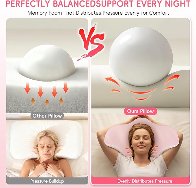 Cervical Neck Pillow for Pain Relief, Ergonomic Contour Pillow for Sleeping, 2 Heights Cooling Pillow for Neck and Shoulder Support, Memory Foam Orthopedic Pillow for Side Back Stomach Sleepers Pink
