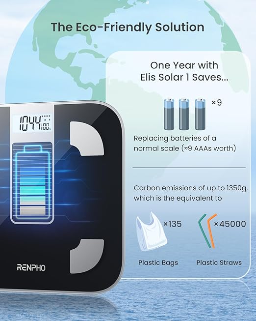 RENPHO Smart Scale with Endless Power, Solar-Powered Scale for Body Weight, No Batteries Needed, Digital Bluetooth Body Fat Scale, Body Composition Monitor with Smart App, 400 lbs-Elis Solar 1