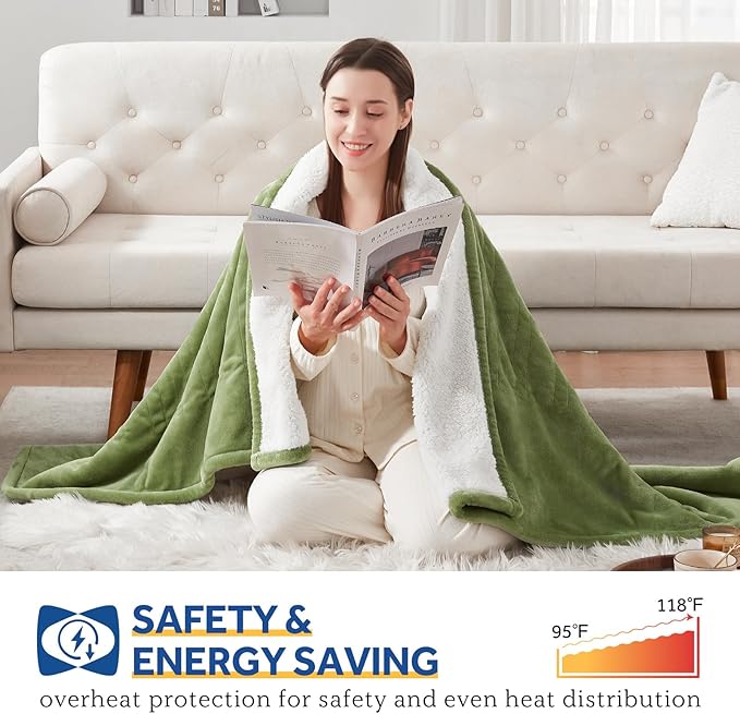 SEALY Heated Throw Blanket, Flannel & Sherpa Electric Throw with 6 Heat Setting & 2-10 Hours Auto Shut Off, Fast Heating & Machine Washable, 50x60 Inch, Green