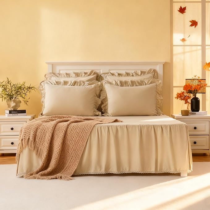 Queen Size 14 inch Drop Ivory Dust Ruffle, 100% Lightweight Cotton Ruffled Bed Skirt, French Coutry Style, Lace Ruffled Bed Skirt with Split Corners