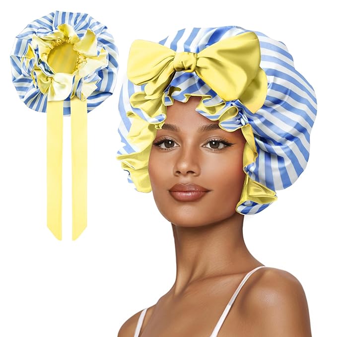 Silk Bonnet, Satin Hair Shower Cap for Sleeping Women 2025 Tie Band Adjustable Straps Head Wrap for Curly Hair Blue Stripe F