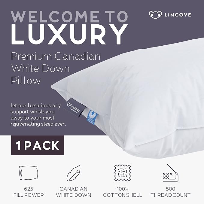 Lincove Cloud Natural Canadian Down Pillow, White Luxury Sleeping Pillow - 625 Fill Power, 500 Thread Count Cotton Shell, Made in Canada, King - Soft, 1 Pack