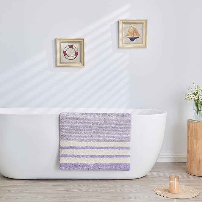 CozeCube Bath mats for Bathroom Non Slip, Fluffy Absorbent Microfiber Bath mat Washable, Aesthetic Bathroom Rugs, Cute Purple Striped Bath mat, Lavender, 32" x 20"