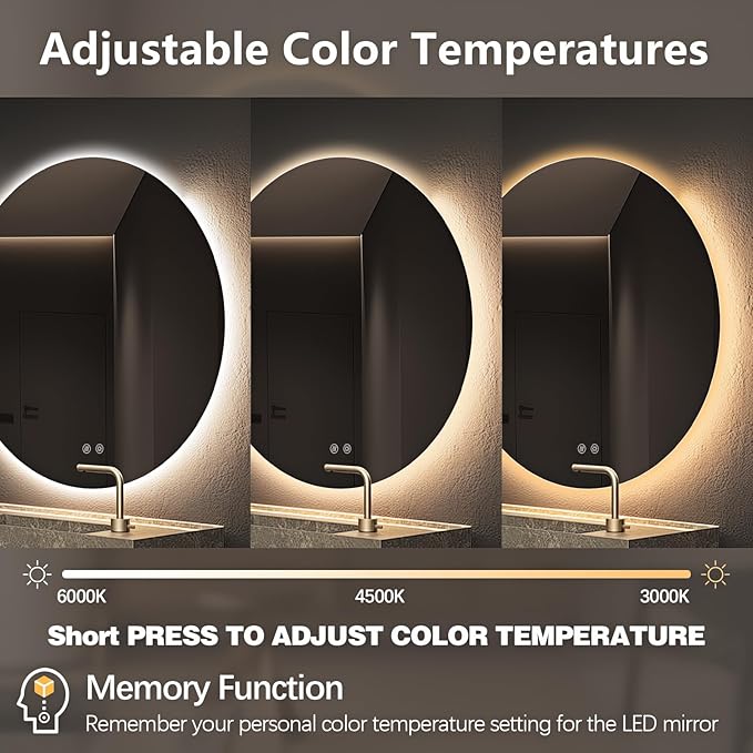 Niccy Round Led Mirror for Bathroom, 40" Circle Frameless Backlit Mirror wiht Light, Anti-Fog, 3 Colors, Waterproof, Memory Function
