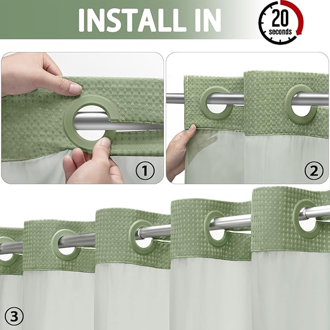 YellyHommy Stall No Hook Shower Curtain with Snap in Liner Set Less Time Green Waffle Shower Curtain for Bathroom 75" L x 60" W
