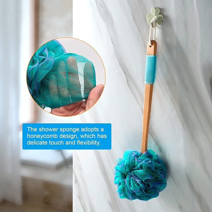 AmazerBath Shower Sponge Loofah Back Scrubber, PE Soft Mesh Loofah Body Scrubber with Long Wooden Handle, Bath Sponge for Men Women (Green)