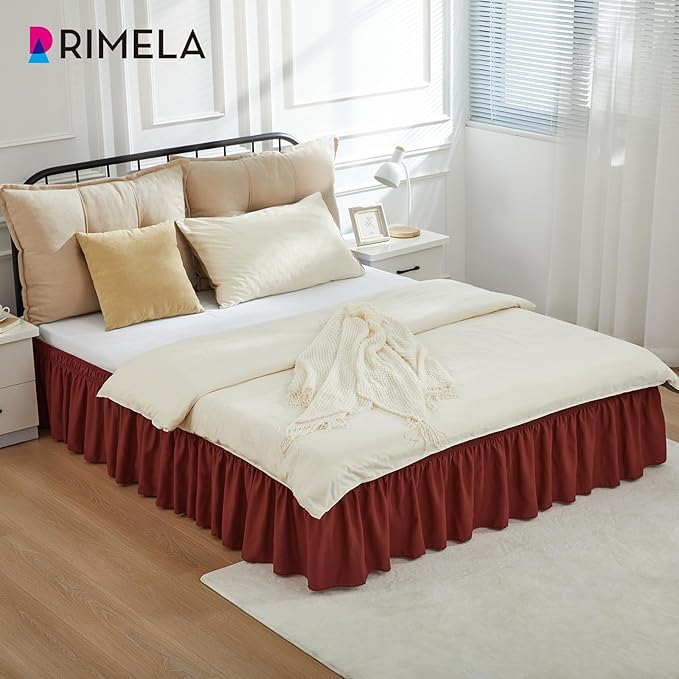 RIMELA Wine Red Bed Skirt Queen Size 15 Inch Drop, Elastic Bed Skirting for Bed Base and Frame, Bedding Dust Ruffle Easy to Install, Lightweight Wrap Around Adjustable Bedskirt