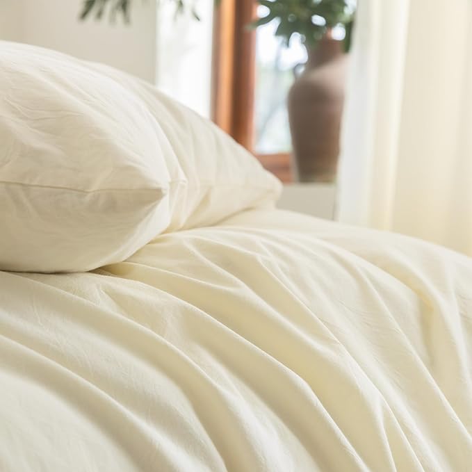 FOSSA Duvet Cover Set 100% Washed Cotton Linen Feel Super Soft Breathable Cozy 3 Pieces Bedding Sets Solid Cream White Oversized Queen
