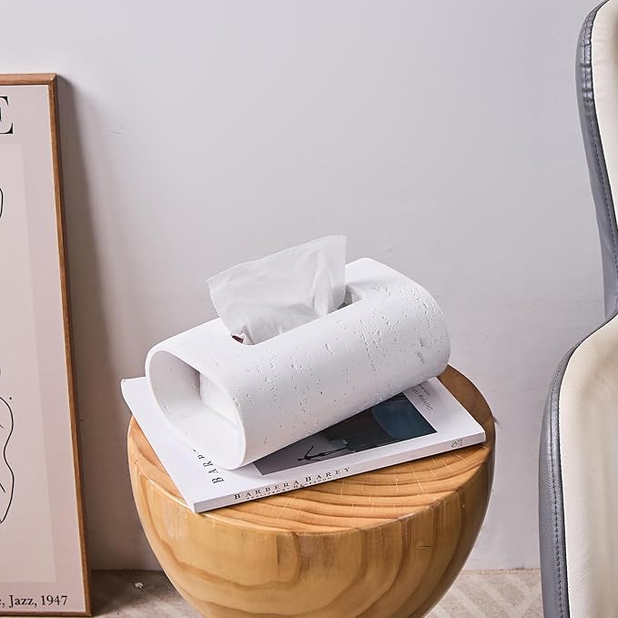 Natural Travertine Textures Tissue Box Holder Rectangle, Resin Facial Tissue Holder Cover, Decorative Bulk Tissue Paper Dispenser for Bathroom Kitchen Bedroom Living Room Office (White)