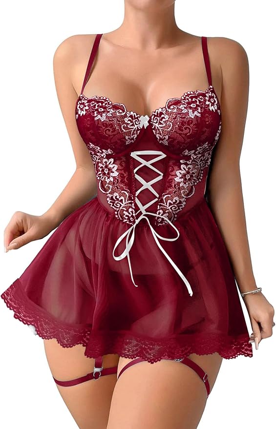Lilosy Sexy Garter Belt Mesh Lace Babydoll Lingerie Dress Set with Thong