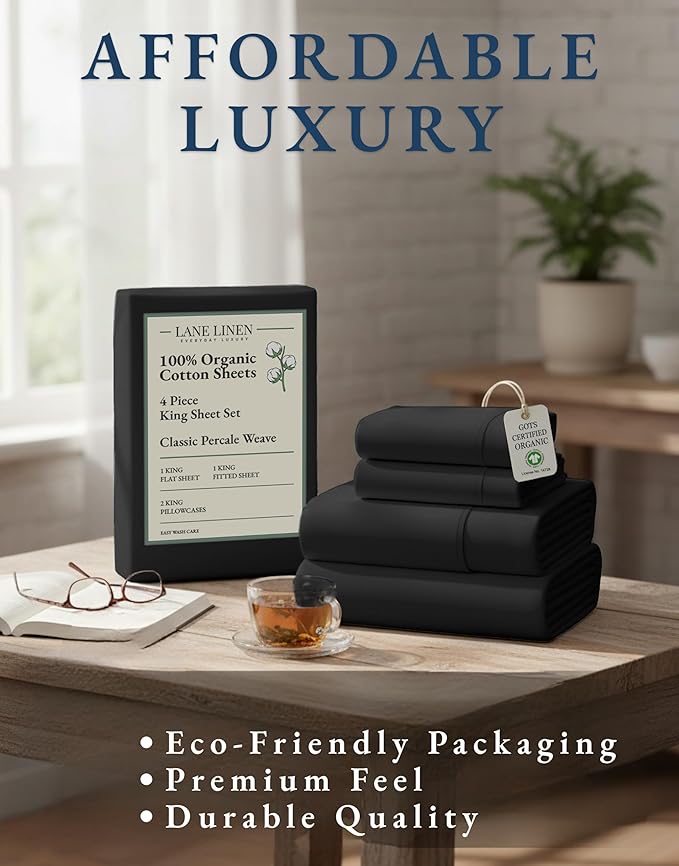 LANE LINEN 100% Organic Cotton Bed Sheets King Size, Soft & Comfy Fully Elasticized Percale Bedding Sheets & Pillowcase Set, Low Pilling Machine Washable King Sheet- Black Sheets