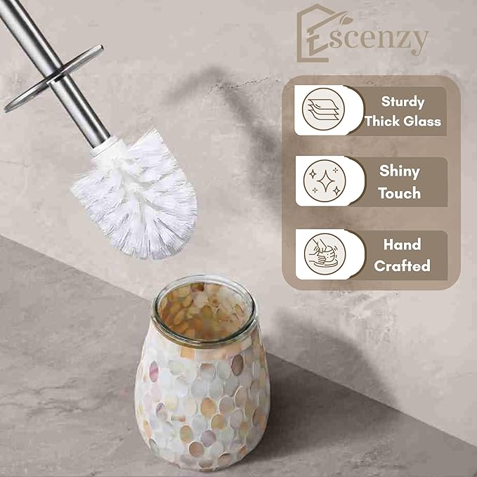 Escenzy Modern Toilet Brush and Holder Set | Natural Shell Mosaic Glass | Non-Rustic Stainless Steel | Practical & Decorative Toilet Bowl Brush and Holder | Luxury Bathroom Accessories