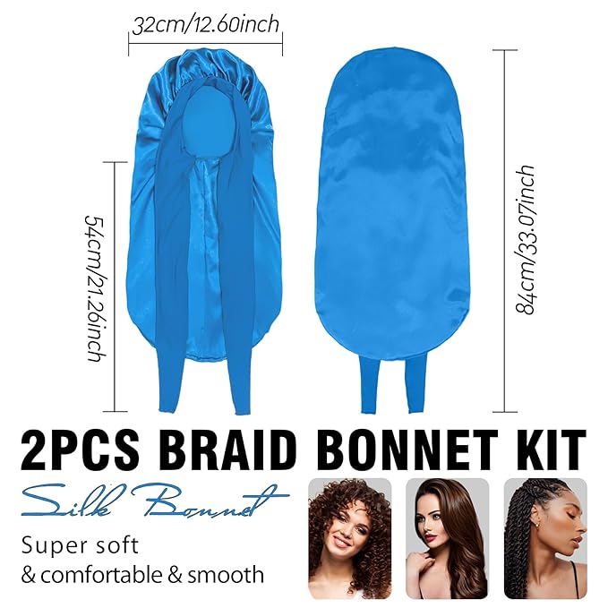 2Pcs Bonnets for Black Women Braid Bonnet, Large Long Satin Bonnet for Braids, Silk Bonnet with Stretchy Tie Band Sleep Cap Hair (2Pcs-Black&Blue)