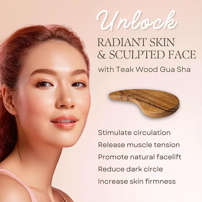 Teak Wood Gua Sha Facial Tool for Face, Arm and Body Massage, Anti-Aging Reduce Puffiness Wrinkles Shape Jawline Skincare Routine Treatment, Wooden Gua Sha Massager with Travel Pouch