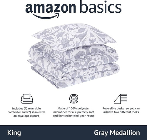 Amazon Basics King Size Comforter Sets, Ultra-Soft Lightweight Microfiber Reversible 3-Piece Bedding, Gray Medallion