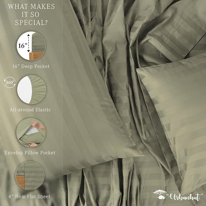 URBANHUT 1000 Thread Count Damask Striped King Size Egyptian Cotton Sheets, Long Staple Soft & Breathable, 4 Pc Bed Sheet Sets, Luxury Hotel Sateen Sheets Fits 16" Deep Pocket - Sage