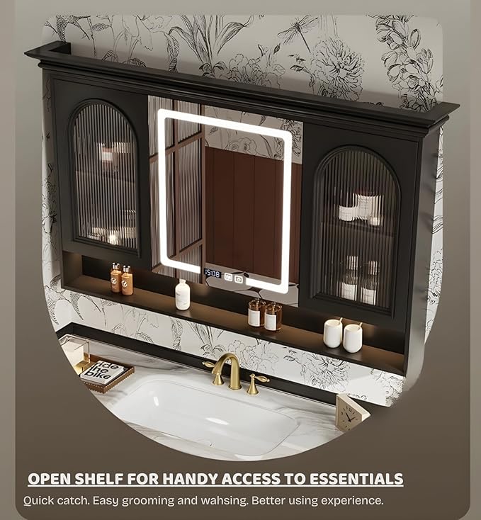 Freestanding Bathroom Vanity with Sink, Solid Wood Bathroom Vanity Set, Vintage Bathroom Vanities with Large Capacity Storage Cabinet and Open Shelf, Elegant Vanities (White,68")