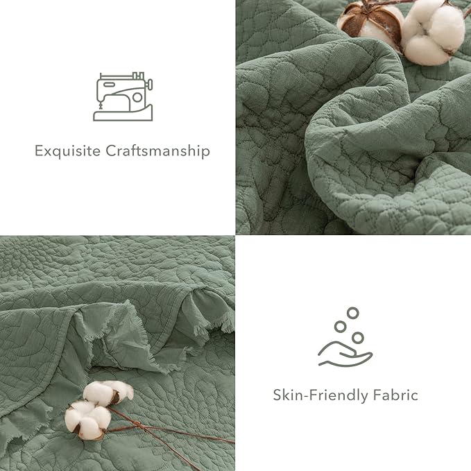 QSH Olive Green Stonewashed Cotton Oversized King Quilt Bedspread Set(128"x120"),3PCs Farmhouse Ruffled Bedspread California King,Ultra Soft Lightweight Crinkled Quilt Coverlet Set with Pillow Shams