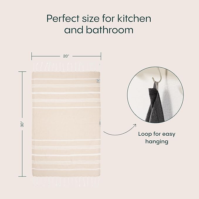WETCAT Turkish Hand Towels with Hanging Loop, Set of 2 (20" x 30") 100% Turkish Cotton, Pre-Washed, Quick Drying, for Kitchen or Bathroom - Beige