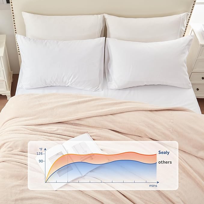 Sealy Heated Blanket Electric Queen Size 84"x90", Soft Double Flannel Electric Blanket with 10 Heat Levels & 1-12 Hours Auto Shut Off, Machine Washable, Even Heat Distribution, Beige
