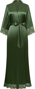 BABEYOND Satin Kimono Robe Silky Long Bridesmaid Wedding Lightweight Bath Robe with Lace Trim