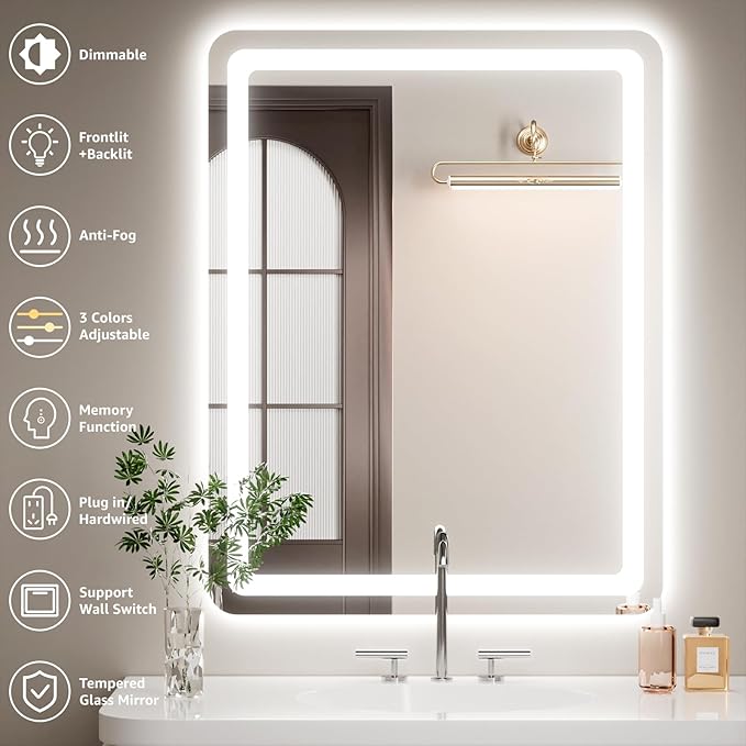 28" x 36" Led Bathroom Mirror with Lights, Anti-Fog & Tri-Color Lighting - Wall Mounted Shaving Mirror with Touch Sensor, Waterproof & Smart LED Vanity Mirror,Tempered Glass, Dimmable Smart Mirror