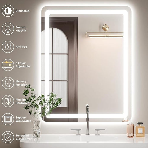20"L x 28"W Led Bathroom Mirror with Lights, Anti-Fog & Tri-Color Lighting - Wall Mounted Shaving Mirror with Touch Sensor, Waterproof & Smart LED Vanity Mirror,Tempered Glass, Dimmable Smart Mirror