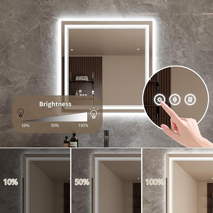 Bathroom Mirror with Lights 36"X36" with Front Light and Backlit, Tempered Glass, Wall Mount Horizontal/Vertical, Stepless Dimmable, 3 Colors, Anti Fog, Bathroom Memory LED Mirror