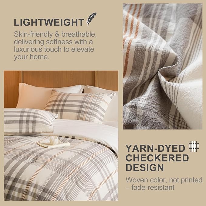 100% Cotton Comforter Set Queen Size – Reversible Yarn-Dyed Checkered Design, Soft Washed Cotton on Both Sides, Lightweight All-Season Bedding, Machine Washable(Grey White Plaid, 90”x90”)