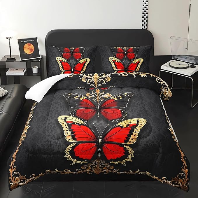 Red and Gold Butterfly Comforter Sets Full Size Bed Set，Gothic Full Size Bedding Set，with 1 Comforter with 2 Pillow Case，Butterfly Themed Bedroom Decor