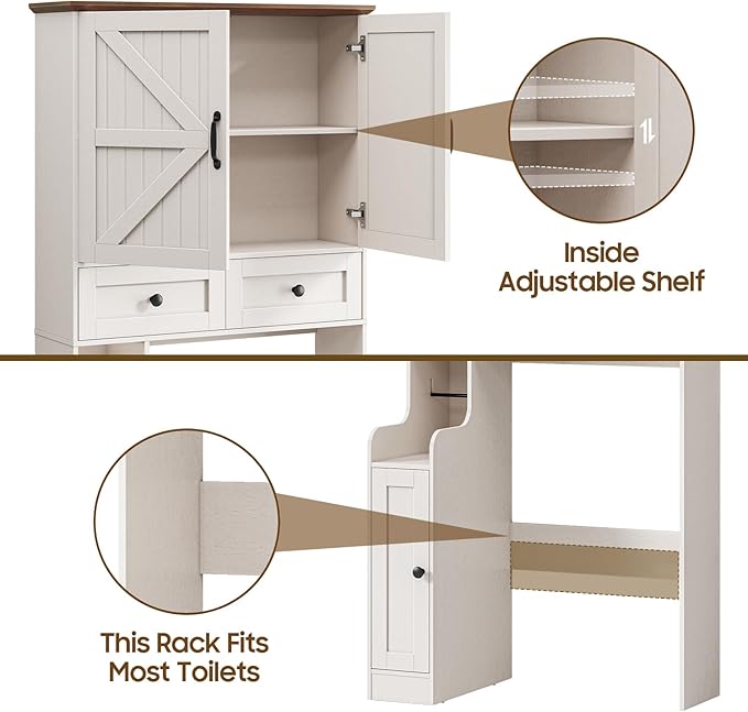 Over The Toilet Storage Cabinet, Storage Cabinet Over Toilet with Double Doors & Toilet Paper Holder Stand, Freestanding Toilet Shelf Space Saver with Anti-Tip Design & Adjustable Shelf, White