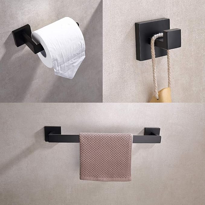 TASTOS 3-Piece Bathroom Hardware Set Matte Black Wall Mounted Bathroom Accessory Set, Premium Stainless Steel Robe Hook Toilet Paper Holder 16-Inch Towel Bar (Black)