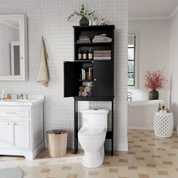 Meilocar Over The Toilet Storage Cabinet for Bathroom, 75in Black Over Toilet Cabinet Freestanding Storage Organizer, Space Saver with Doors and Adjustable Shelf, Black