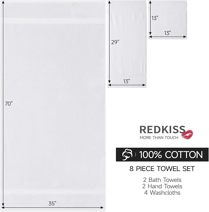 REDKISS Luxury Bath Towel Set of 8 Pieces - 100% Cotton, Super Absorbent, Quick-Dry | 2 XL Bath Sheets (35x70 in), 2 Hand Towels, 4 Washcloths | Hotel & Spa Quality-White