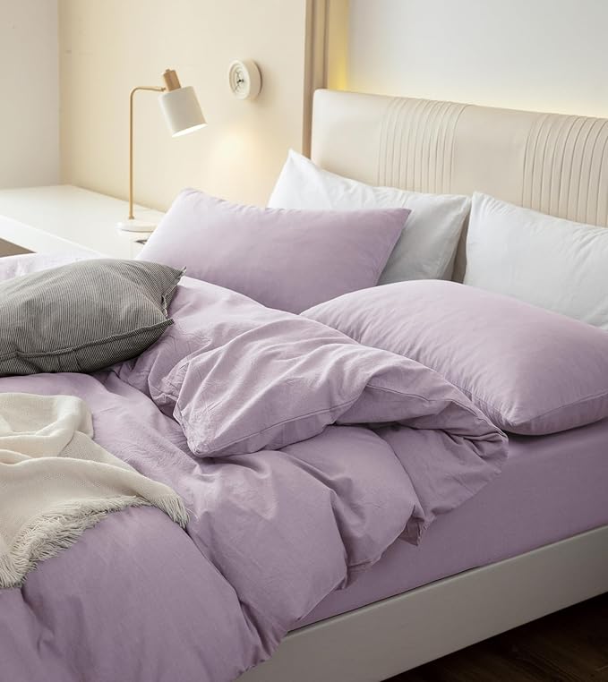 JIYUAN 100% Washed Cotton Duvet Cover Set 3 Pieces Queen, 1 Duvet Cover 90x90 Inches(Comforter Not Included) and 2 Pillowcases,Linen Like Comfy and Breathable,Heathered Light Purple