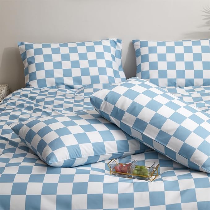 karever Blue White Grid Comforter Set Queen Blue Plaid Bedding Set Women Blue and White Checkered Bed Comforter Set Breathable Blanket Set Men Durable Bedding Comforter Set,Queen(90''*90'')