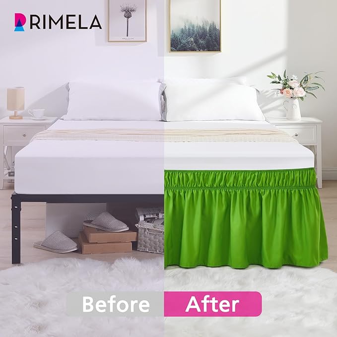 RIMELA Green Bed Skirt King Size 15 Inch Drop, Elastic Bed Skirting for Bed Base and Frame, Bedding Dust Ruffle Easy to Install, Lightweight Wrap Around Adjustable Bedskirt